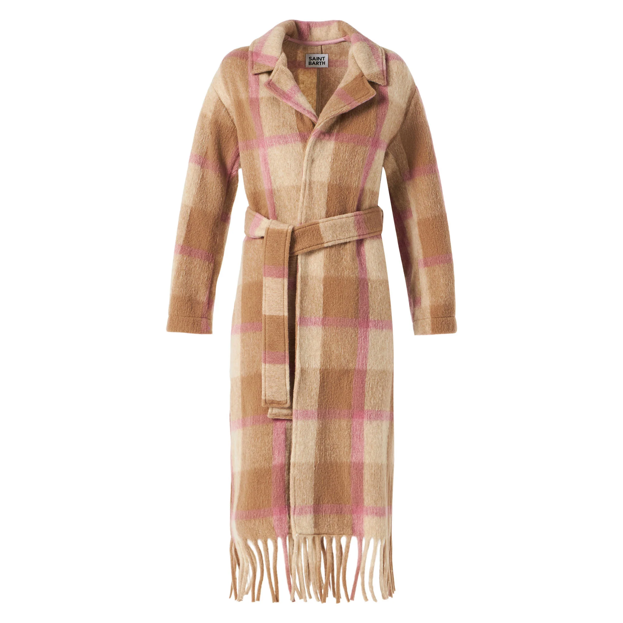 Brown Charlot long coat with fringes and check pattern - Image 4