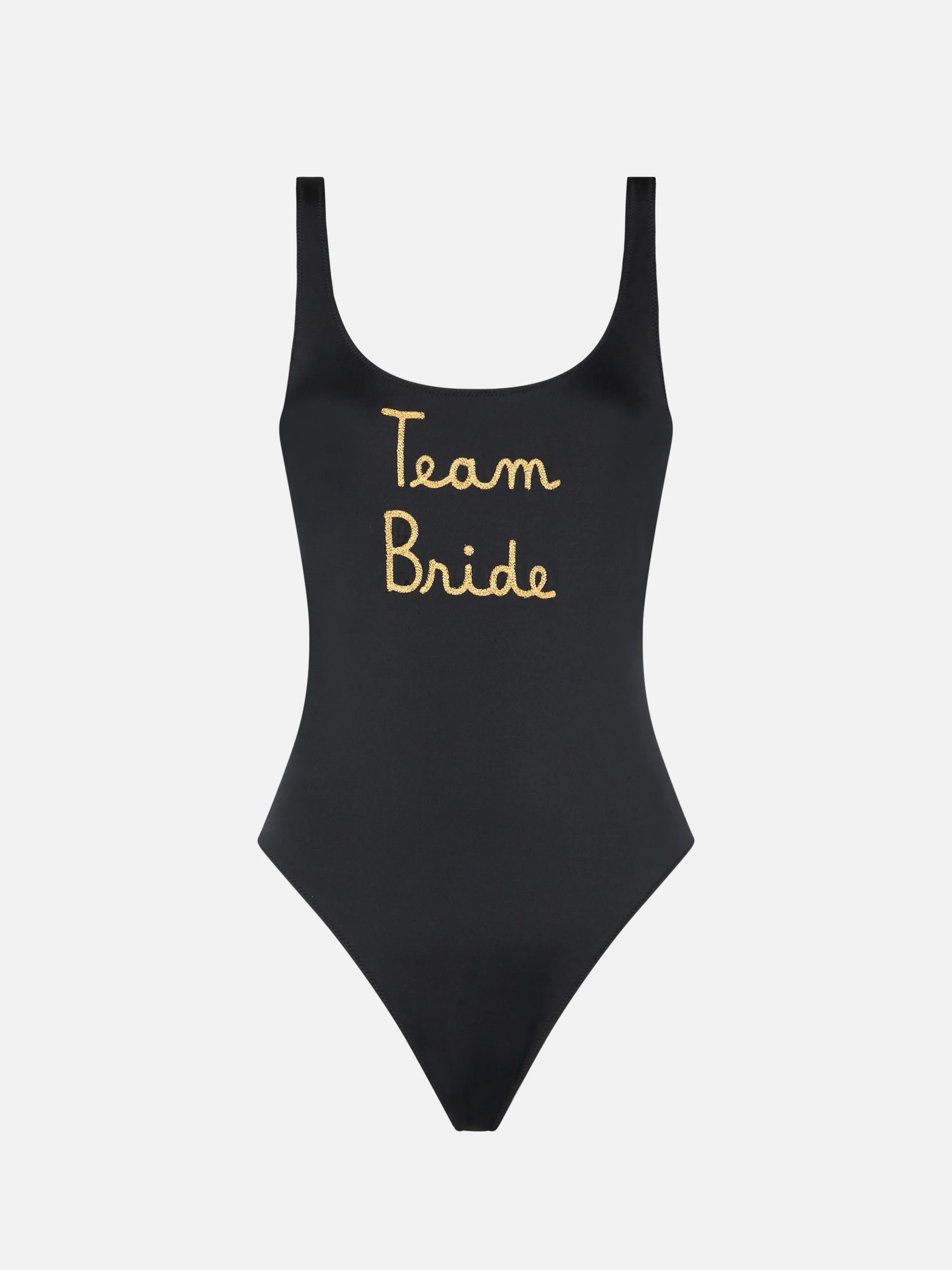 Black Lora one-piece swimsuit with Team Bride print