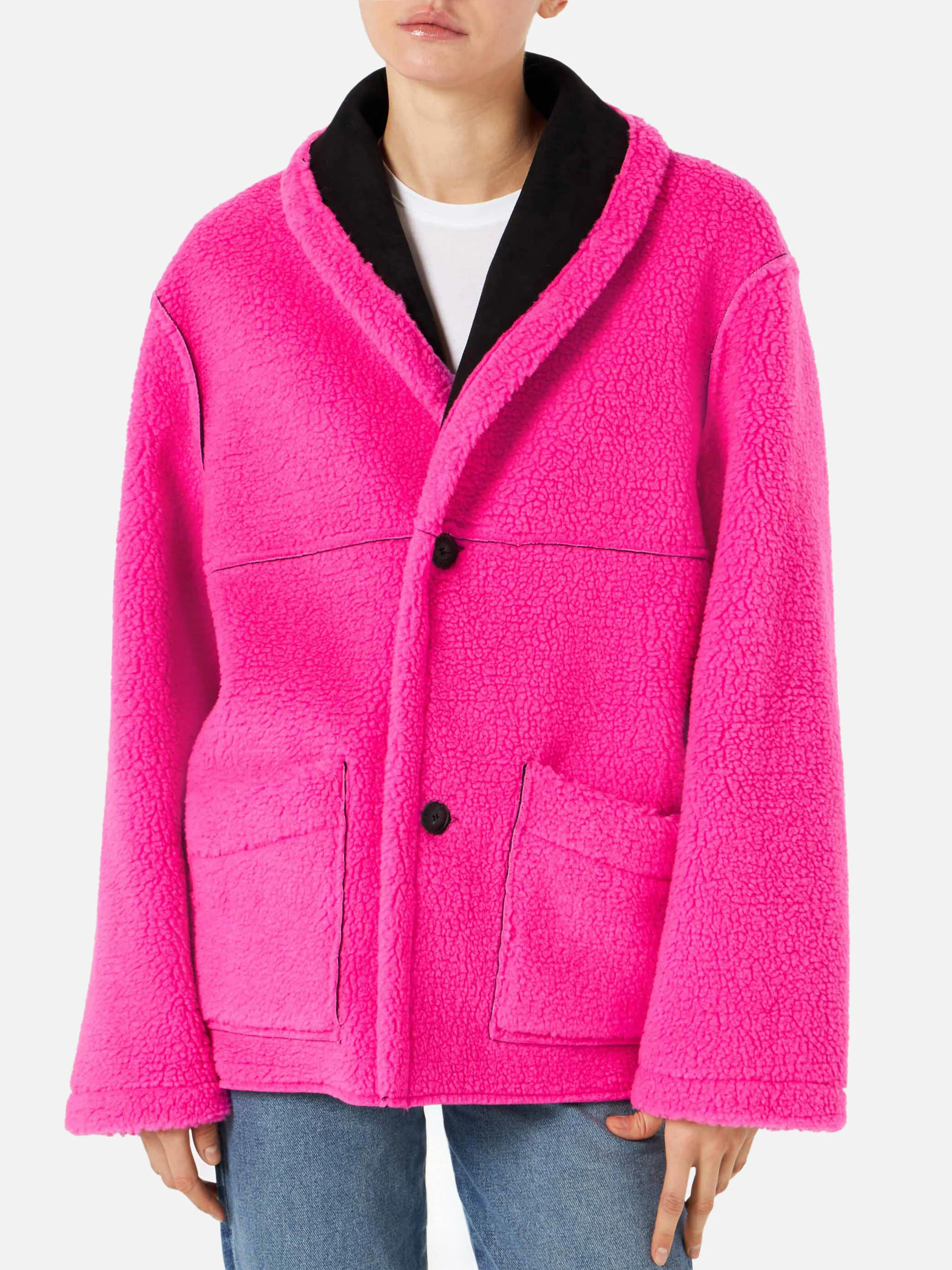 Black and fluo pink Dorys reversible shearling coat - Image 2