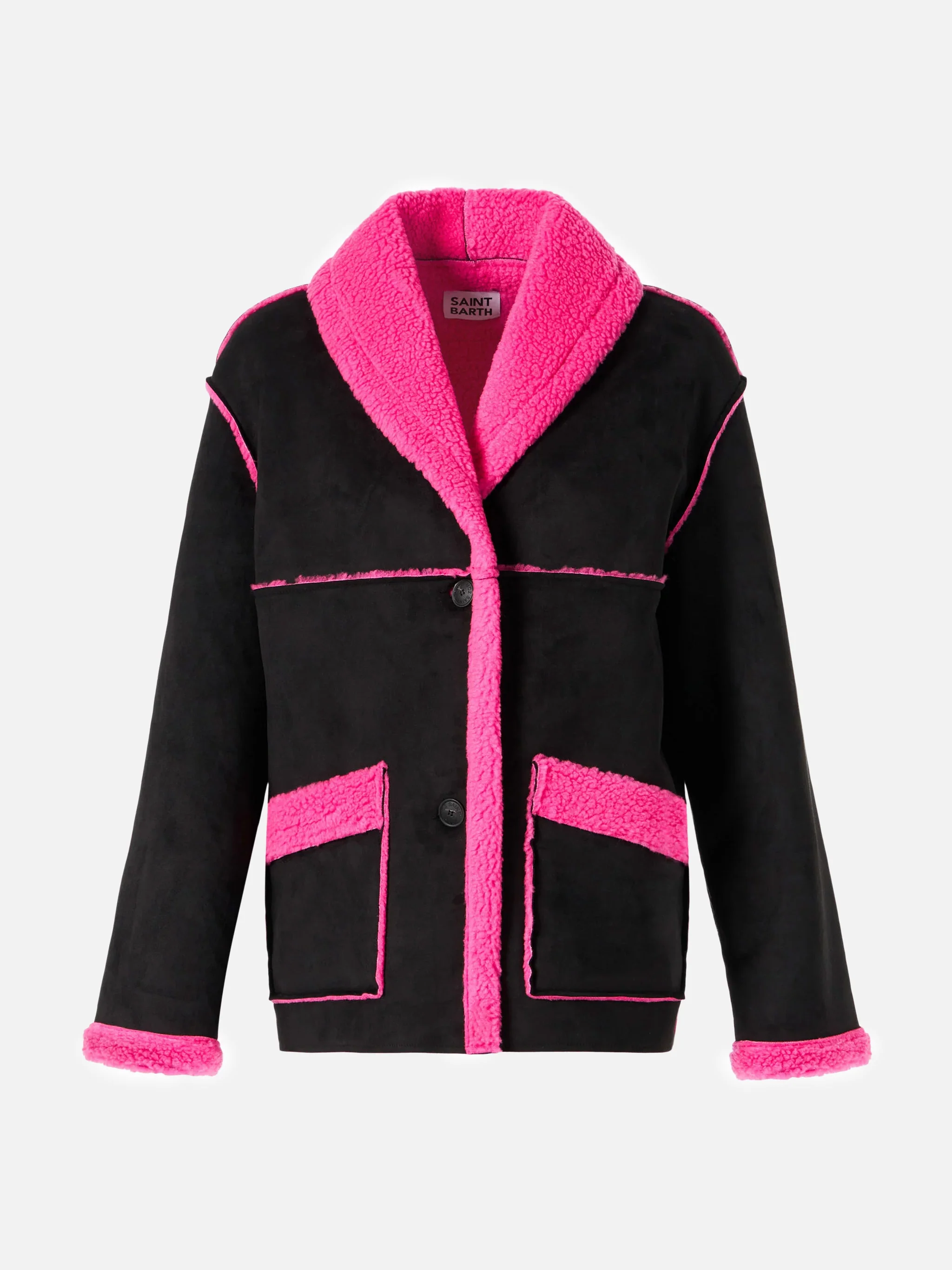 Black and fluo pink Dorys reversible shearling coat - Image 5