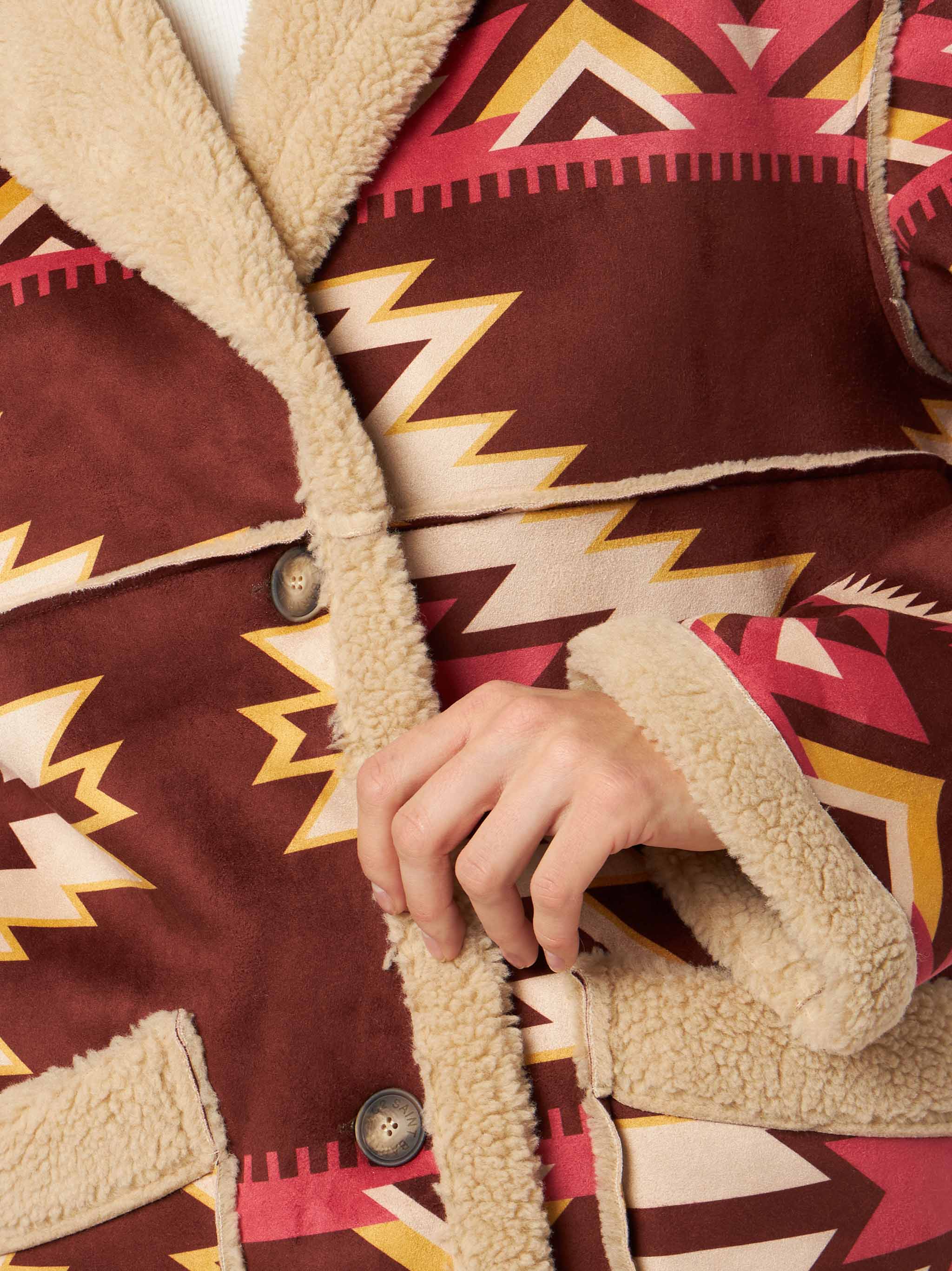 Beige Dorys reversible shearling coat with ethnic pattern - Image 2