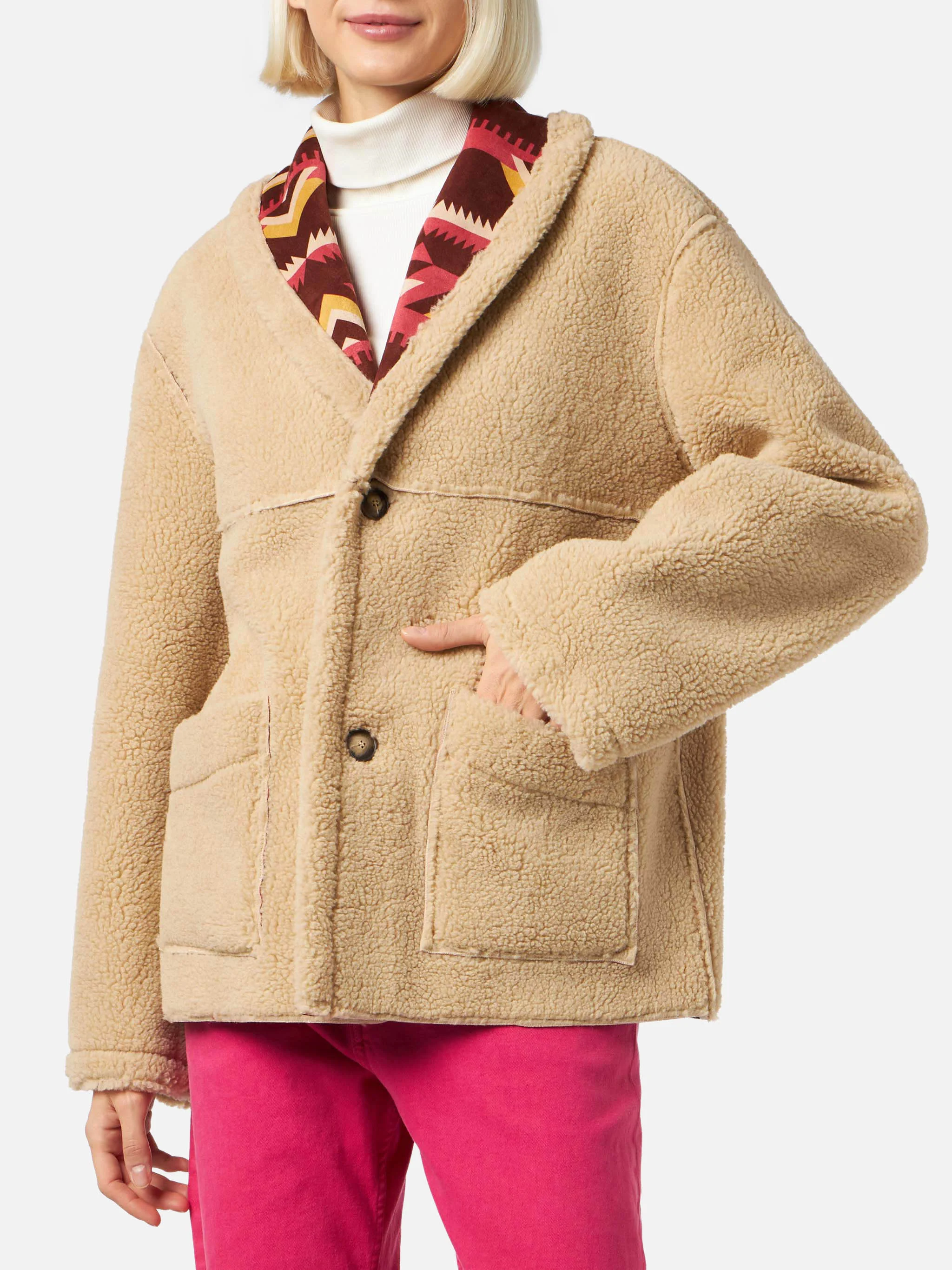 Beige Dorys reversible shearling coat with ethnic pattern - Image 3