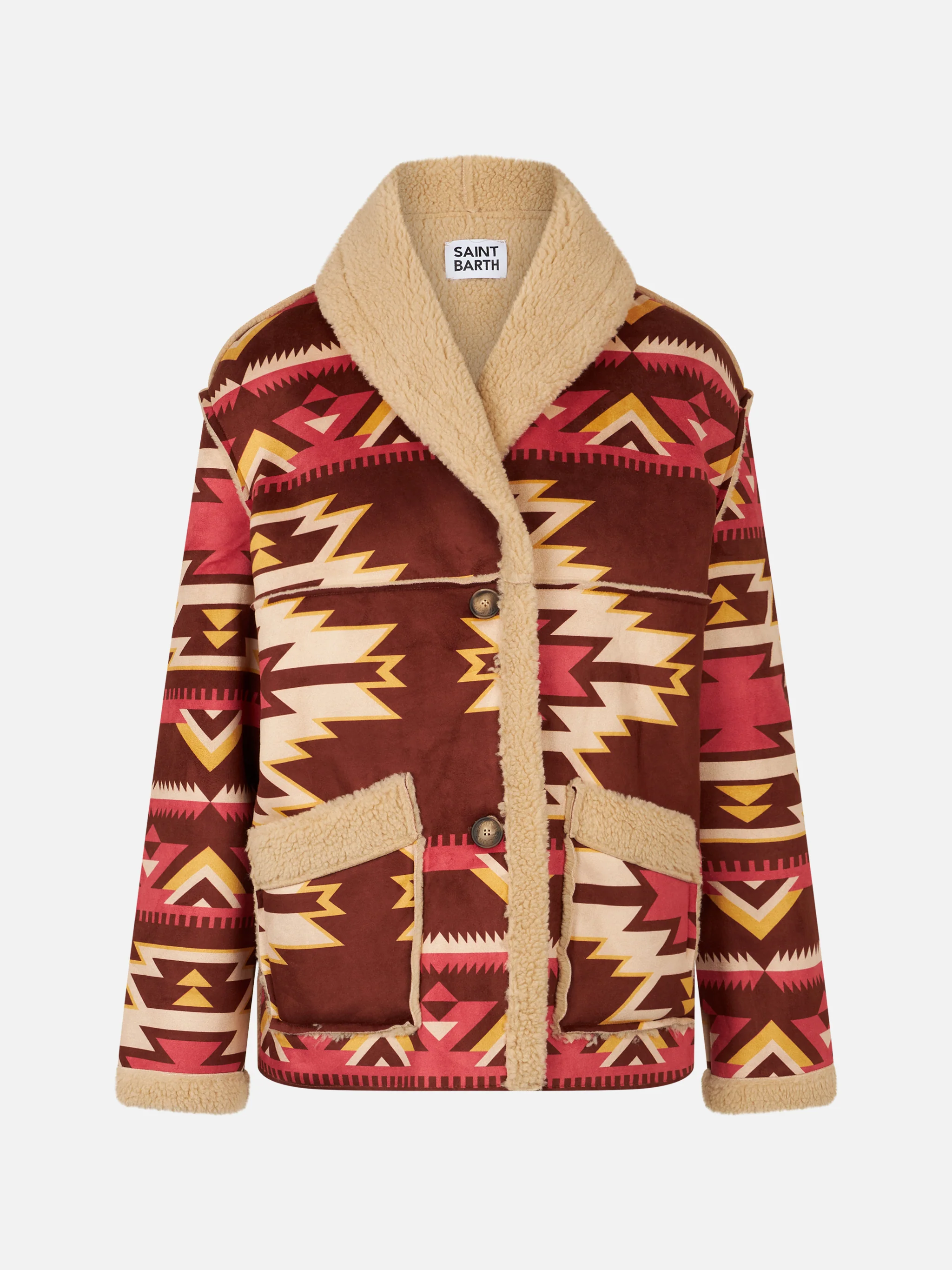 Beige Dorys reversible shearling coat with ethnic pattern - Image 6