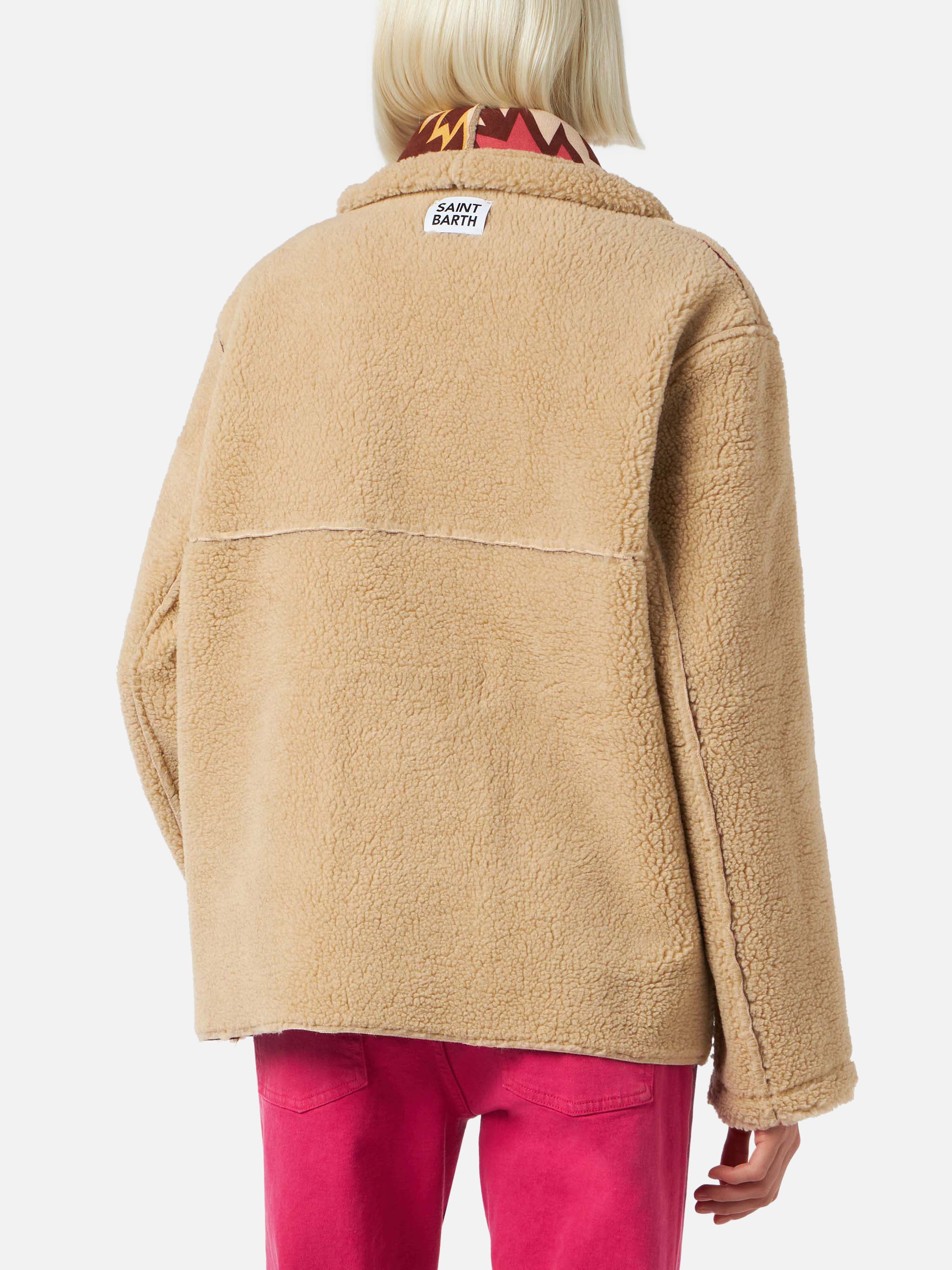 Beige Dorys reversible shearling coat with ethnic pattern - Image 7