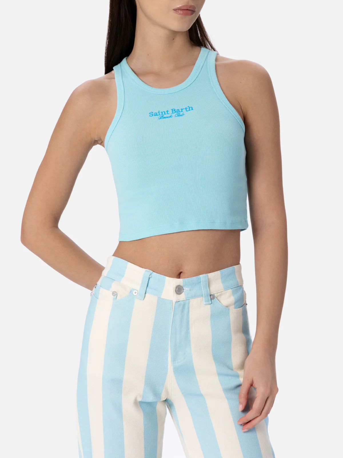 Blue ribbed cotton crop top with Saint Barth Beach Club embroidery