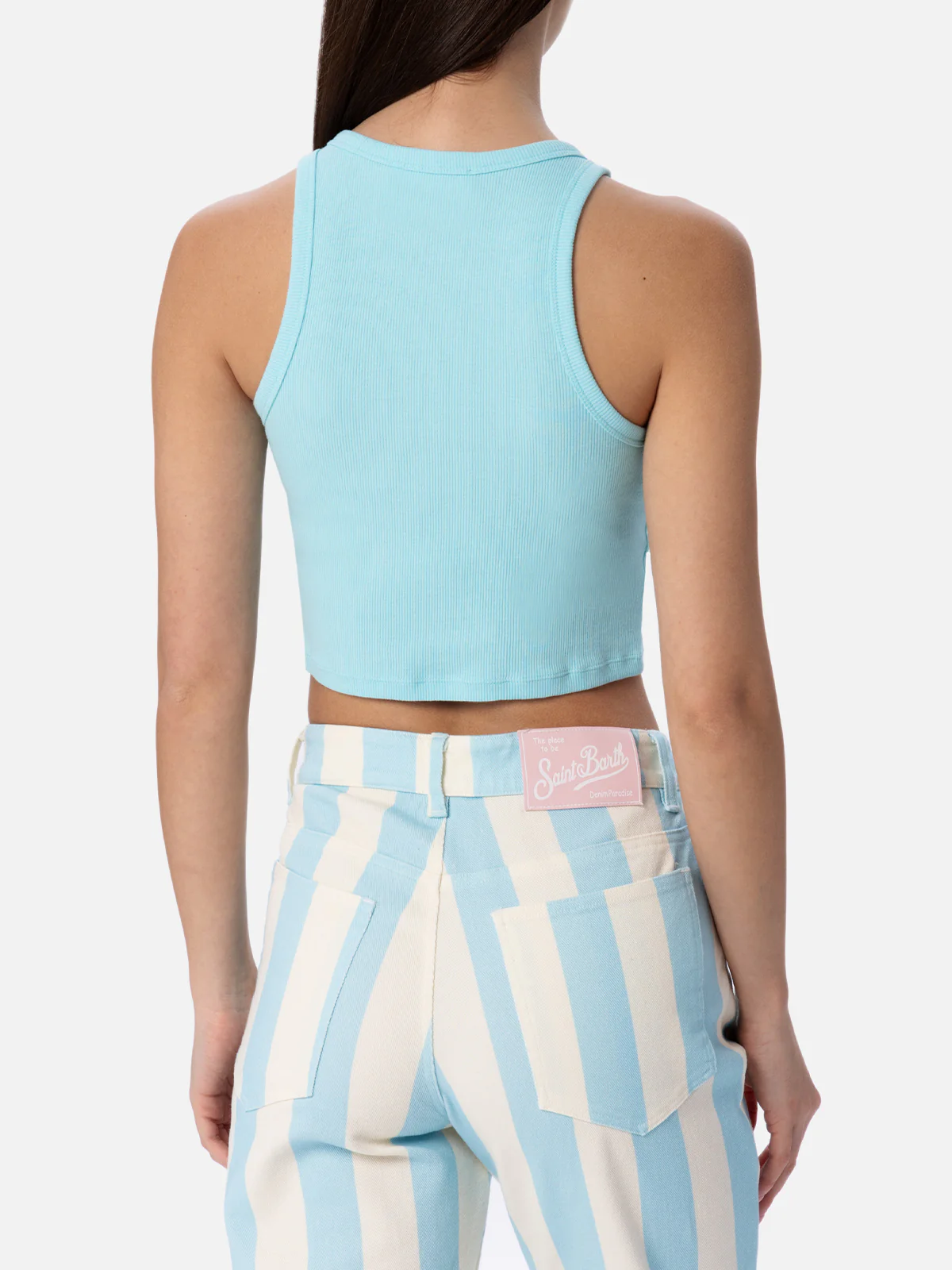 Blue ribbed cotton crop top with Saint Barth Beach Club embroidery - Image 3