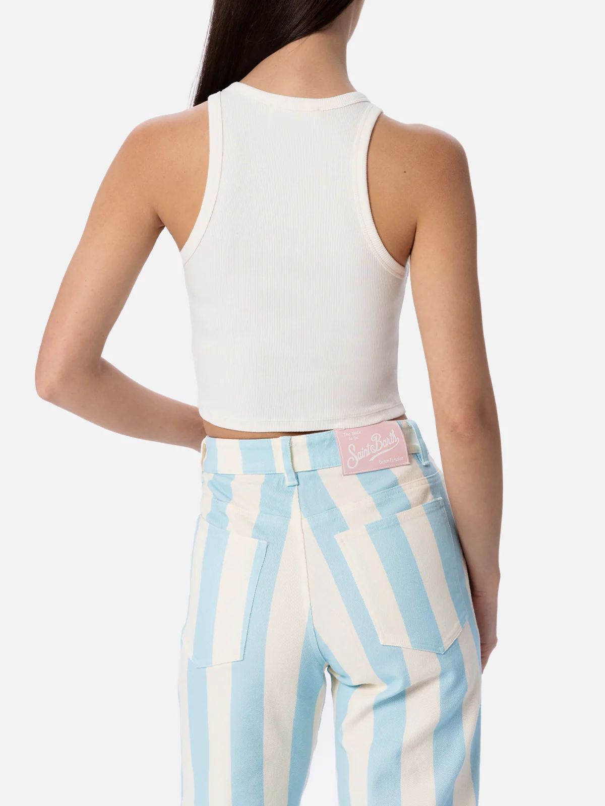 Blue white ribbed cotton tank top with St. Barth Beach Club embroidery - Image 3