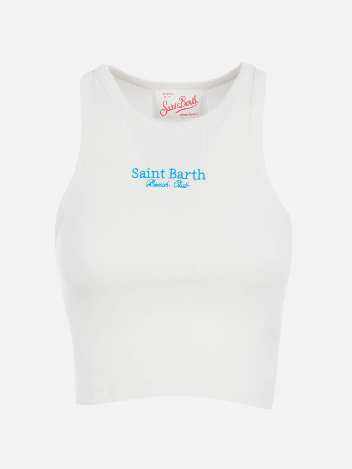 Blue white ribbed cotton tank top with St. Barth Beach Club embroidery - Image 4