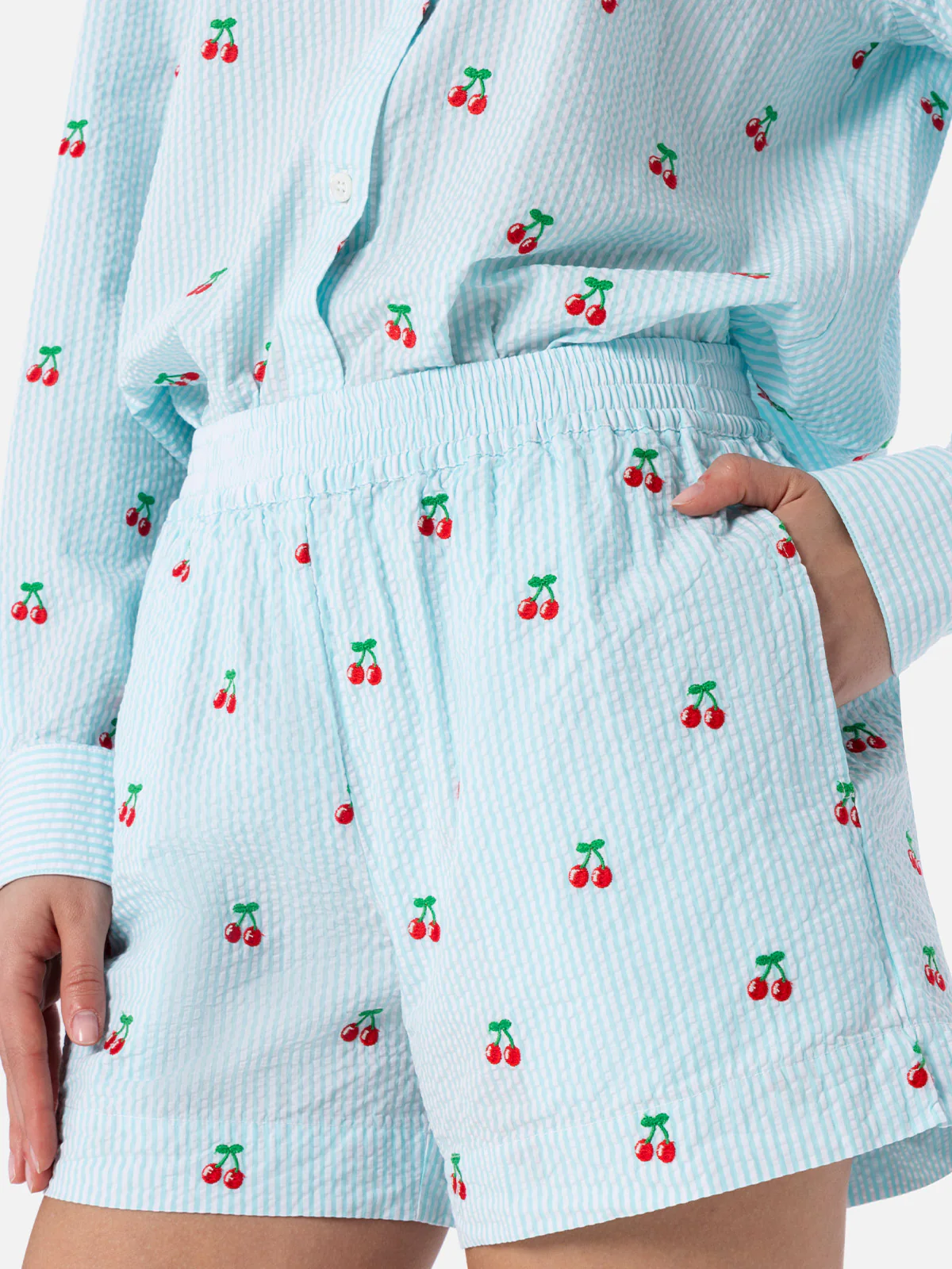 Meave seersucker striped shorts with cherry patches - Image 2