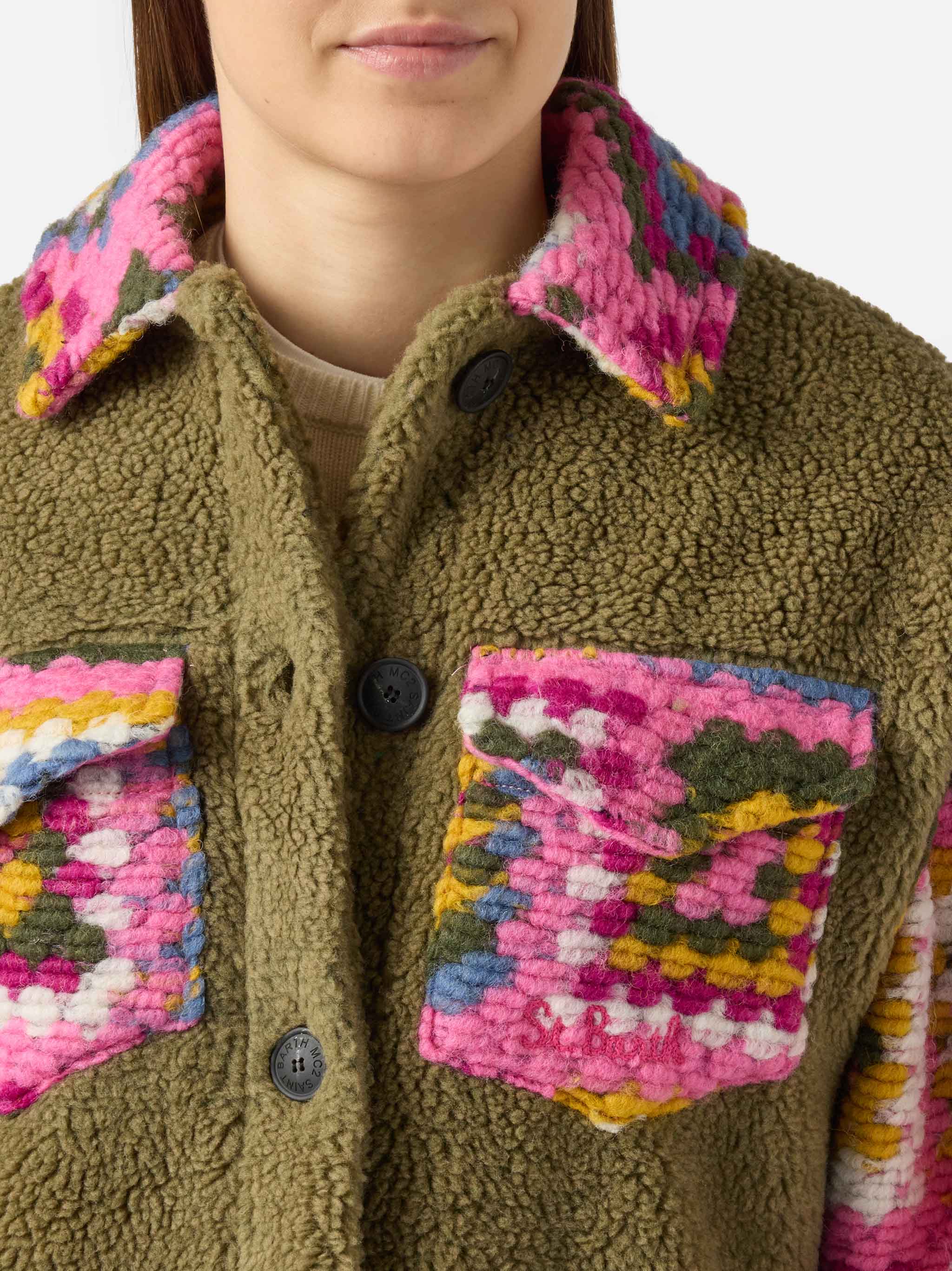 Military green Elys overshirt with crochet details - Image 2