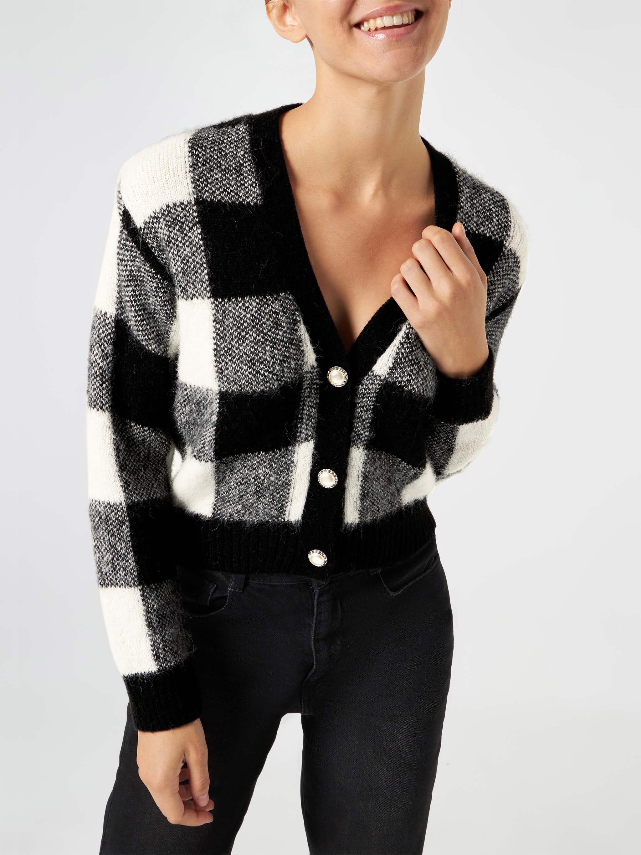 Megeve black and white vichy short cardigan with jewel buttons - Image 2