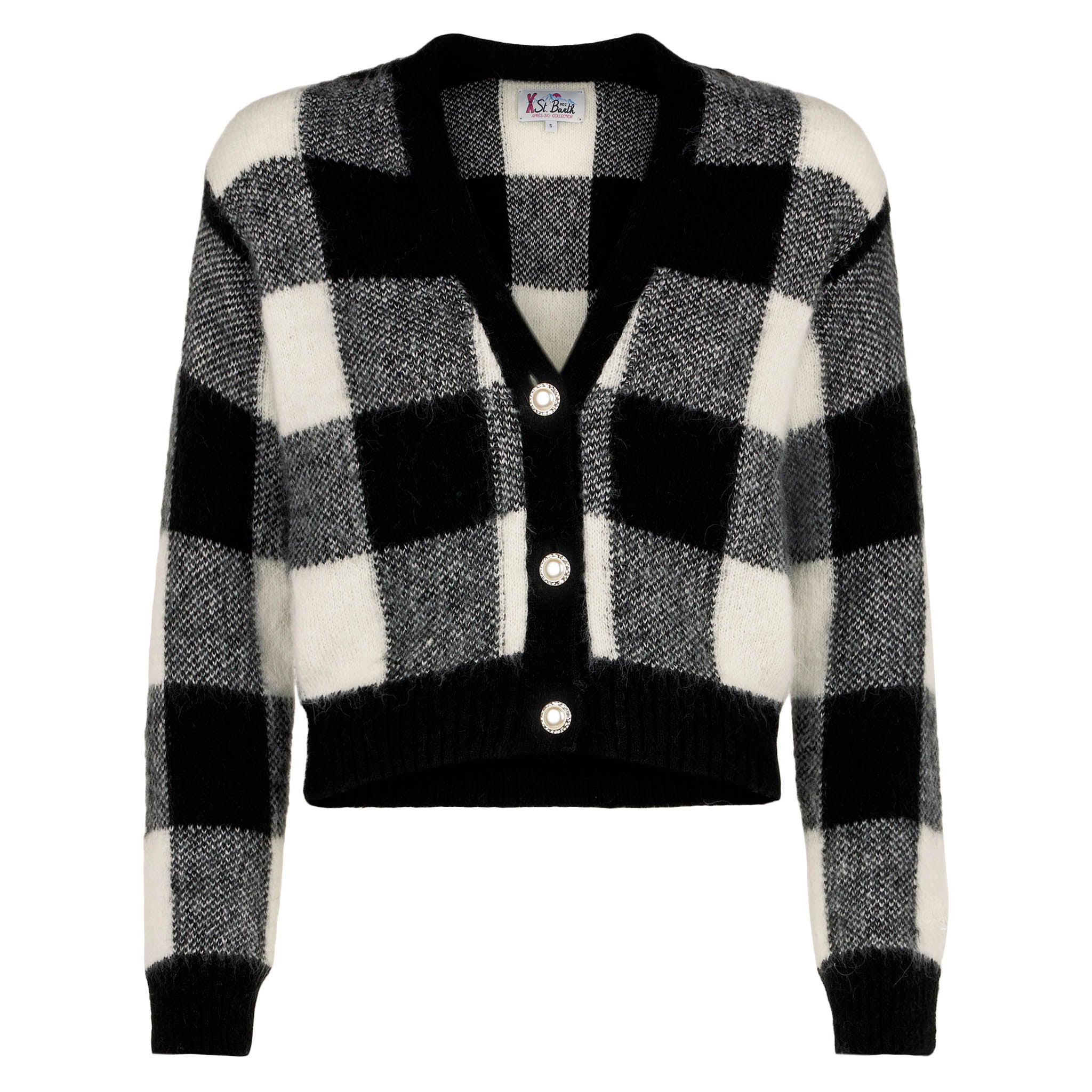 Megeve black and white vichy short cardigan with jewel buttons - Image 4