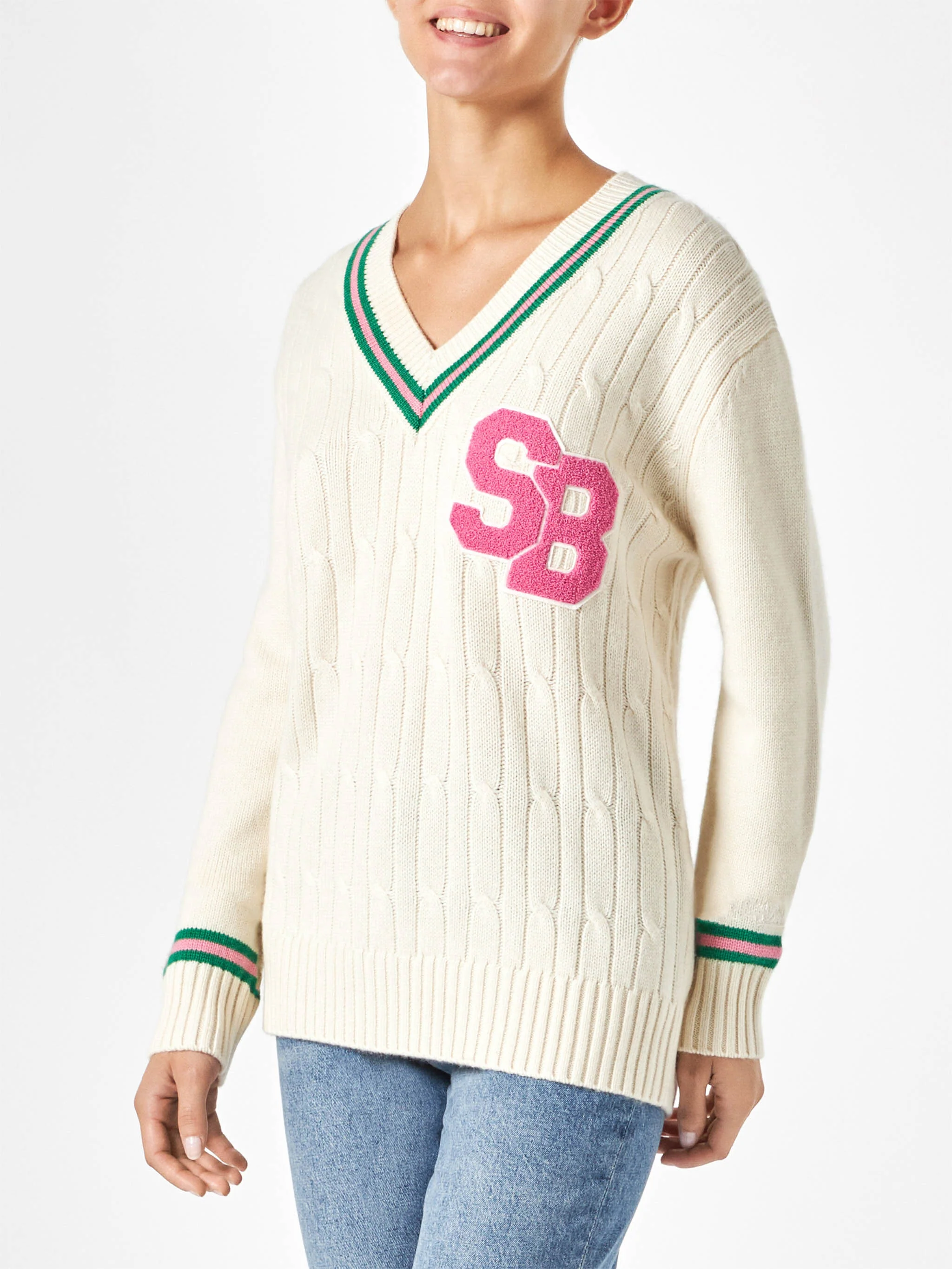 Roger white cashmere blend V-neck sweater with patch - Image 3