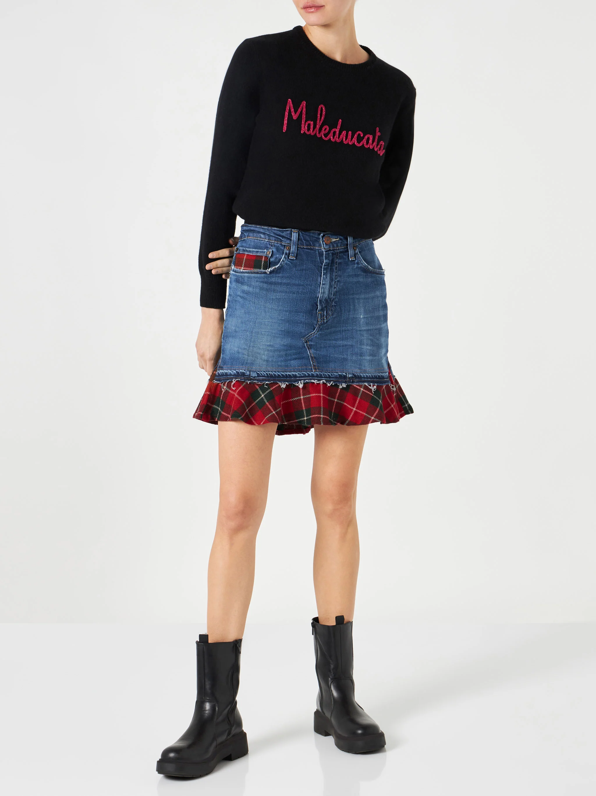 Chelsy denim skirt with tartan details - Image 2