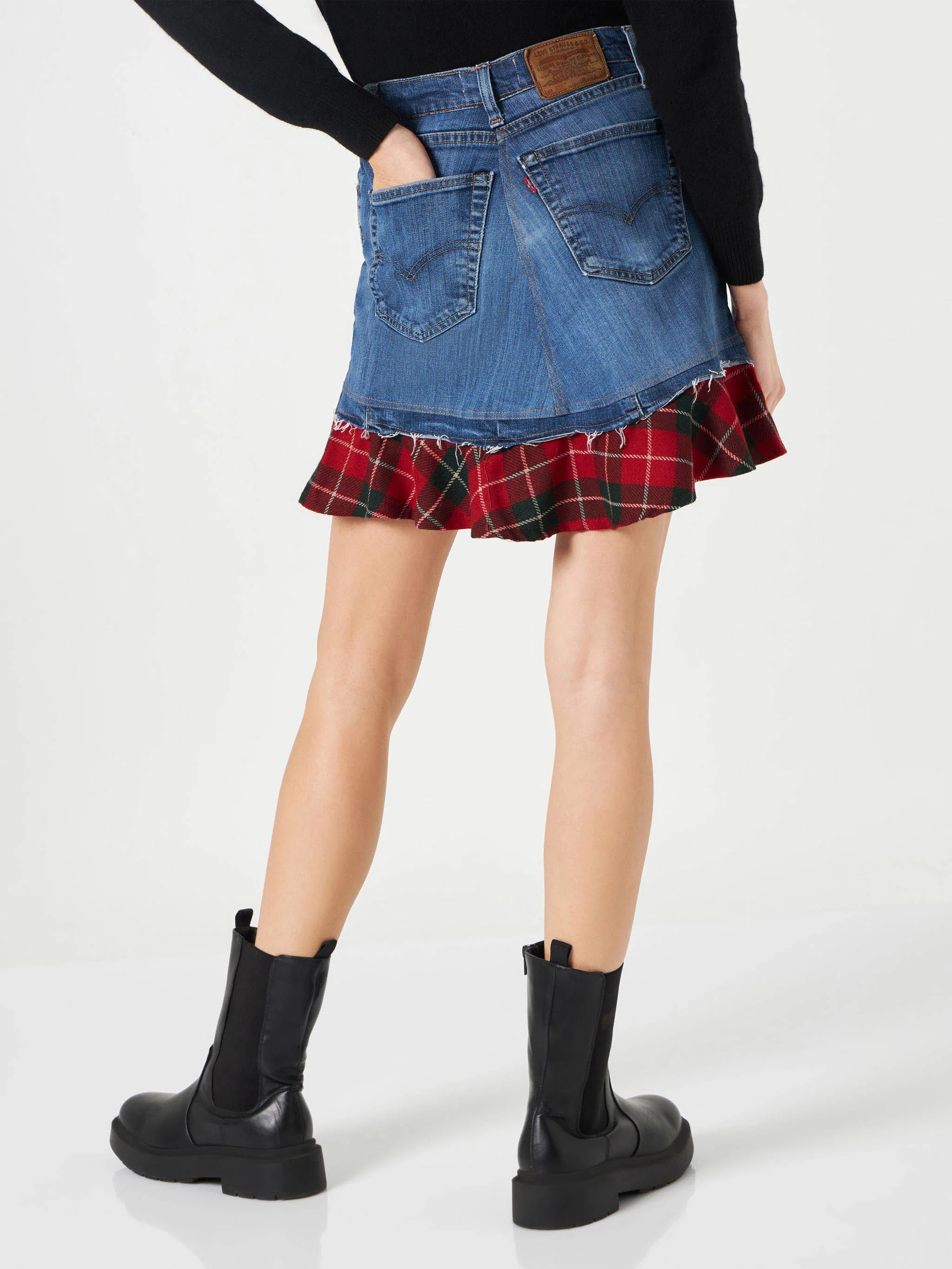 Chelsy denim skirt with tartan details - Image 3