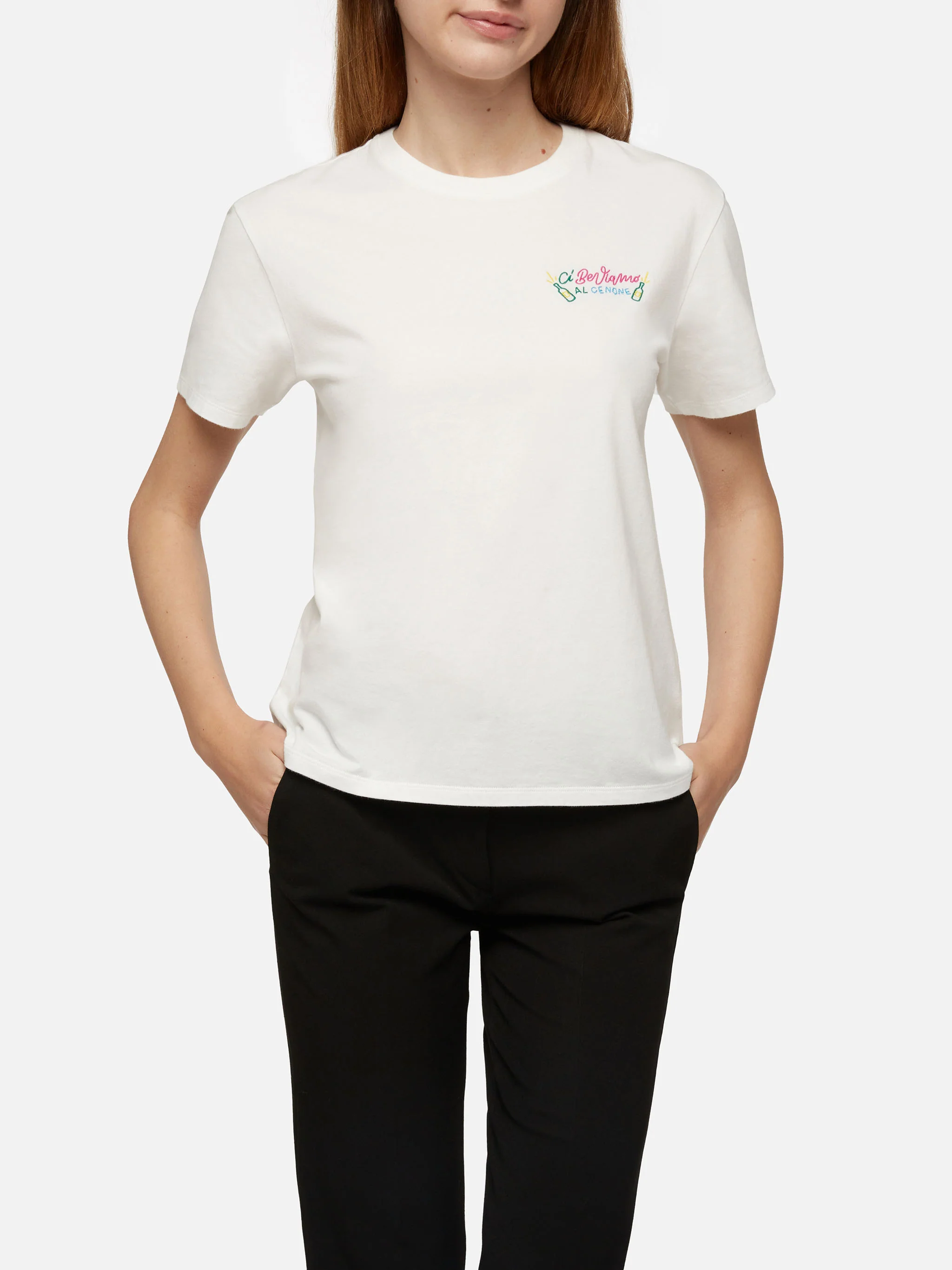 Winter cotton t-shirt Emilie with Ci beviamo al cenone embroidery | INSULTI LUMINOSI SPECIAL EDITION - Image 2