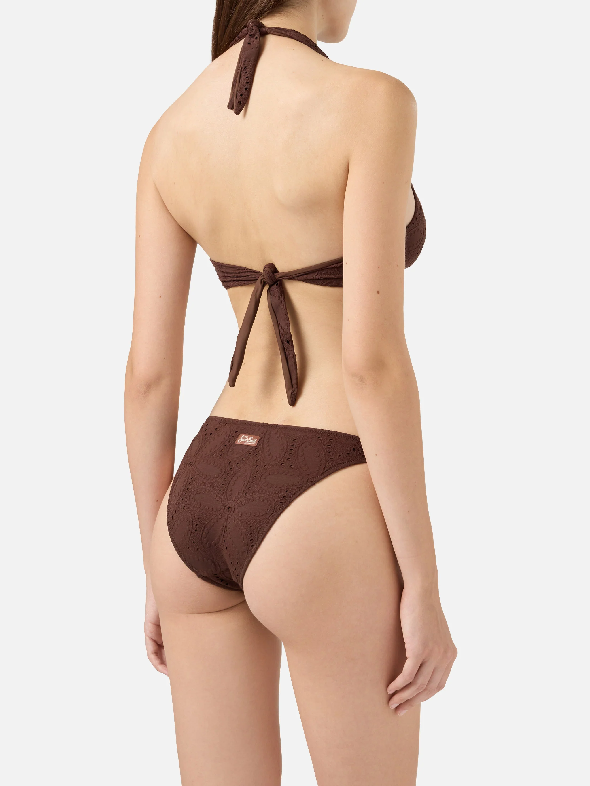 Leda Yali classic triangle bralette bikini in brown sangallo lace - Image 4