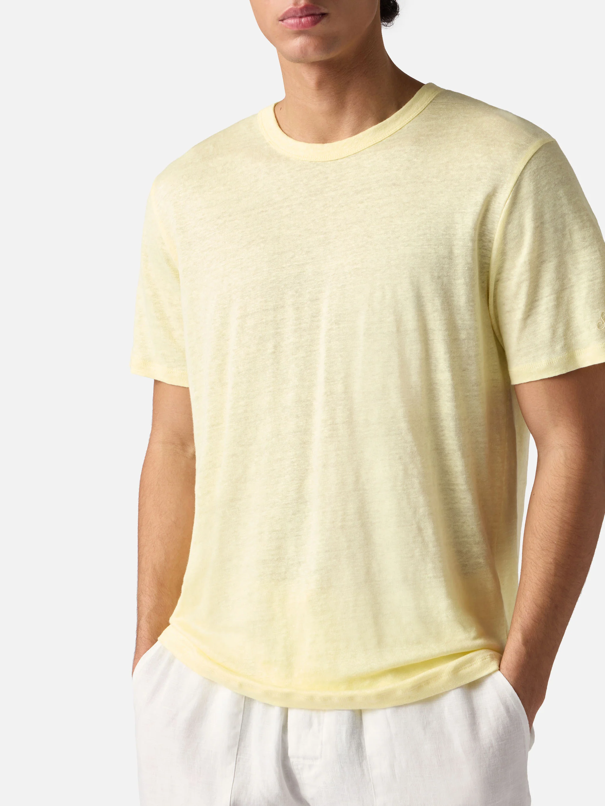Yellow Ecstasea pure linen t-shirt with logo embroidery - Image 2