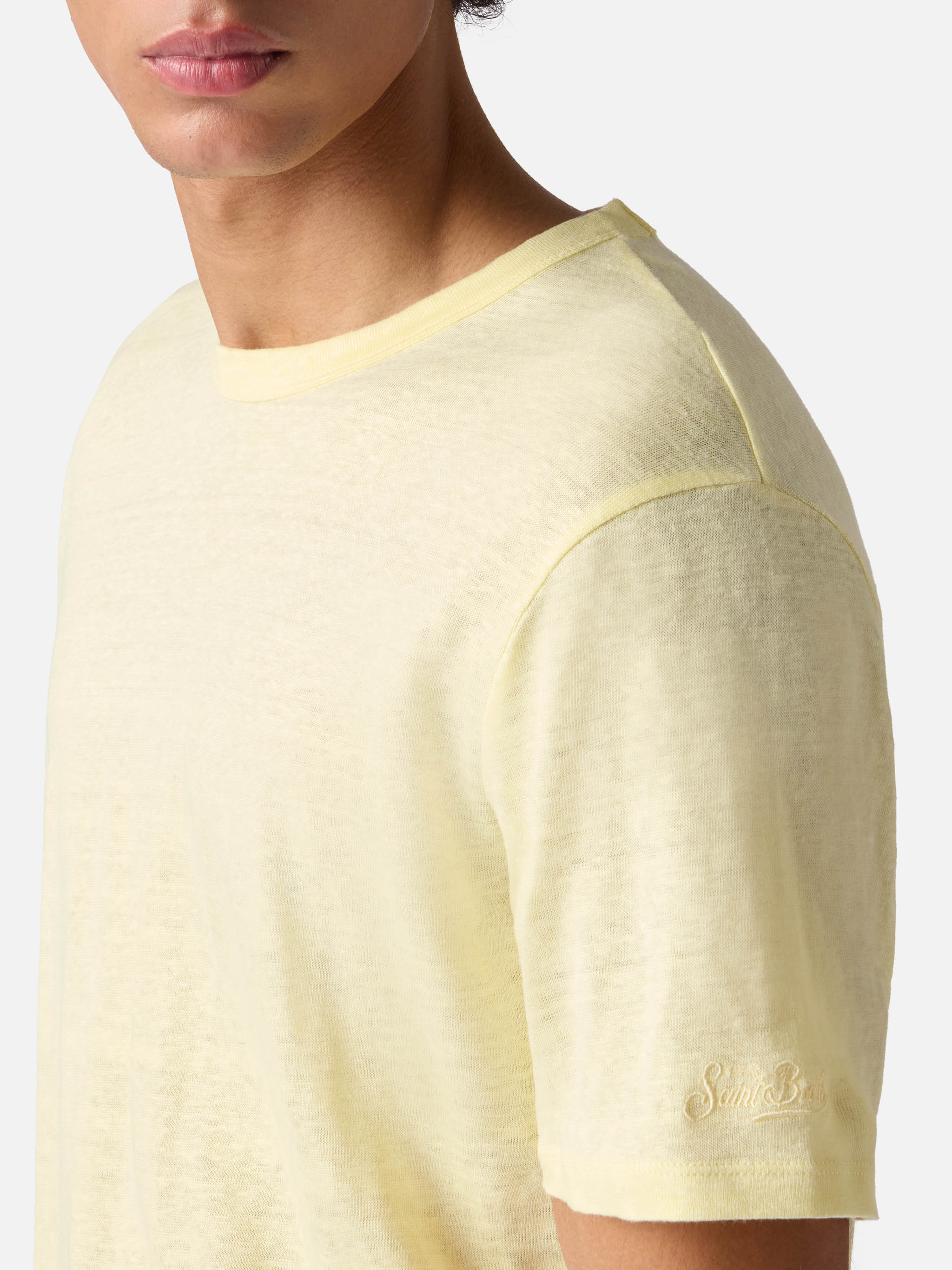 Yellow Ecstasea pure linen t-shirt with logo embroidery - Image 3